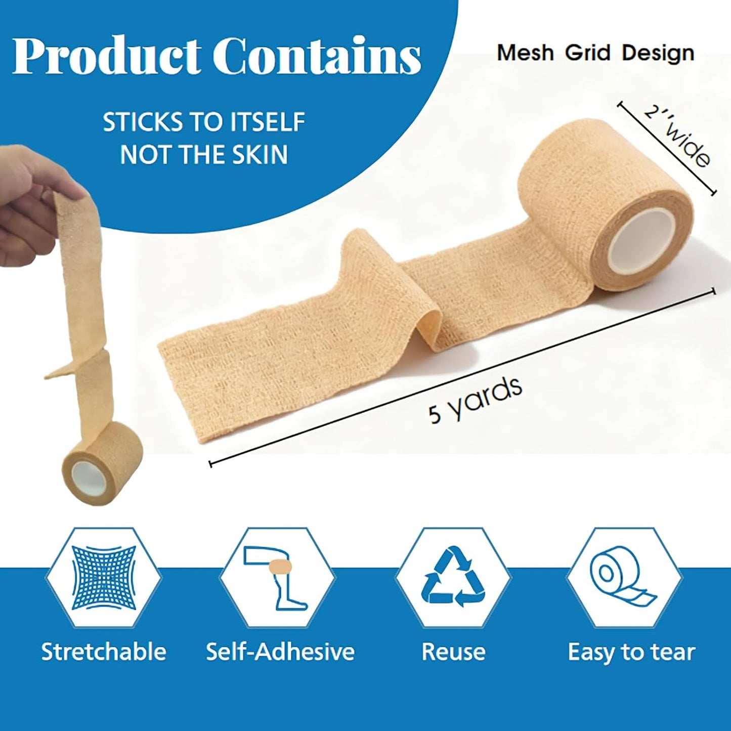 Self Adhesive Bandage Wrap, 2''x5 Yards, 6 Pack, Cohesive Sports Tape, Breathable Elastic Bandage Wraps