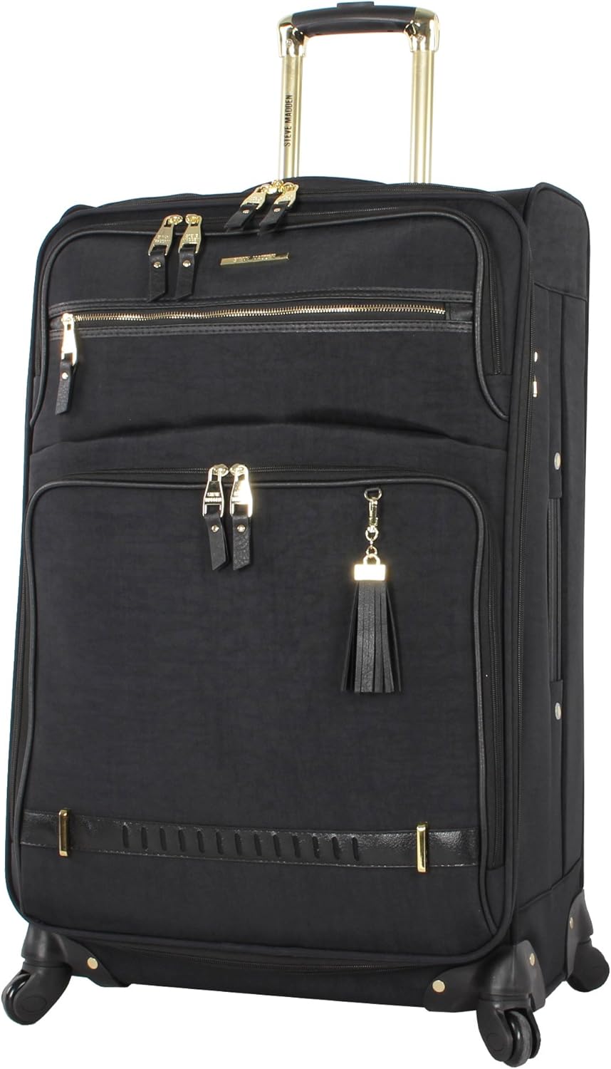 Steve Madden Designer Luggage - Checked Large 28 Inch Softside Suitcase - Expandable for Extra Packing Capacity - Lightweight Bag with Rolling Spinner Wheels (Peek-A-Boo Black)