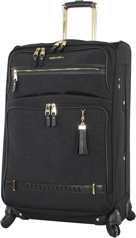 Steve Madden Designer Luggage - Checked Large 28 Inch Softside Suitcase - Expandable for Extra Packing Capacity - Lightweight Bag with Rolling Spinner Wheels (Peek-A-Boo Black)