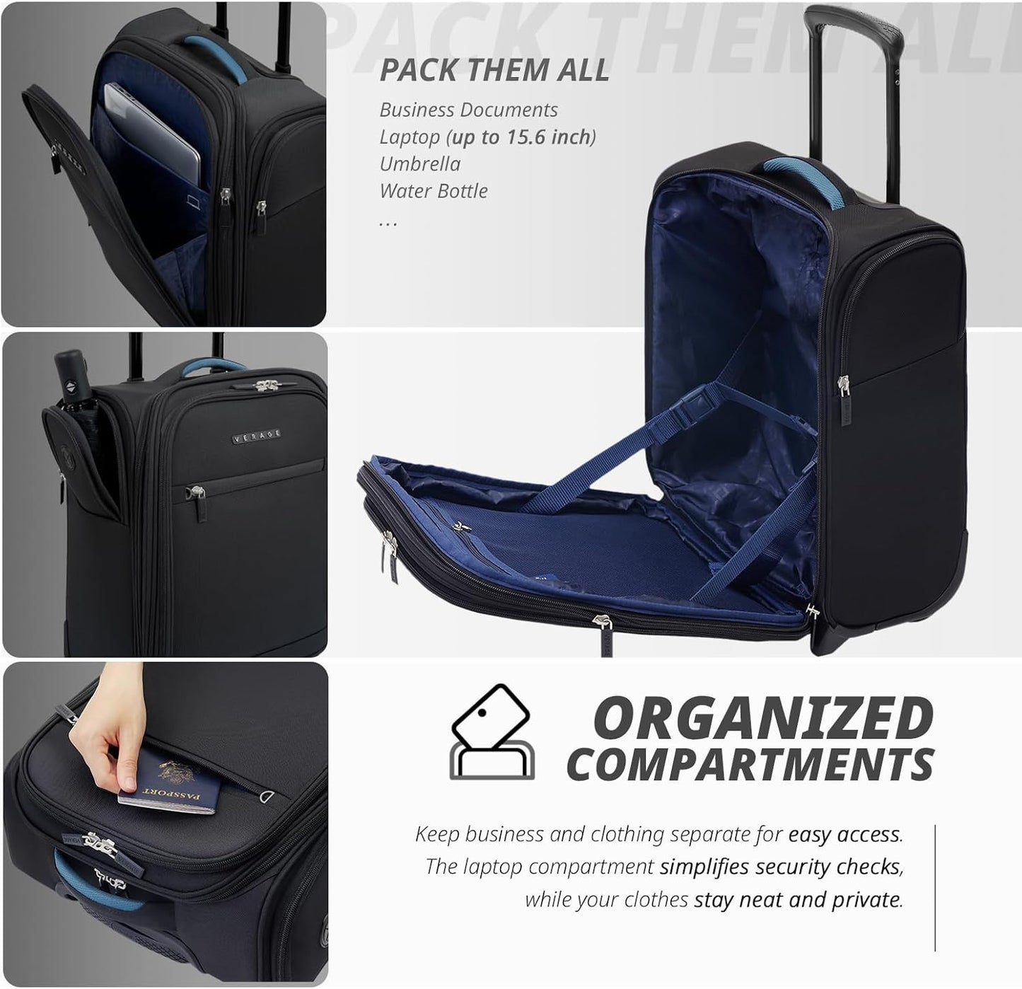 Verage Under Seat Luggage with Wheels, Softside Expanable Small Suitcase Carry On Luggage Bags for Airlines Airplanes Short Trip Men Women (Black, 16-Inch Rolling Underseat)