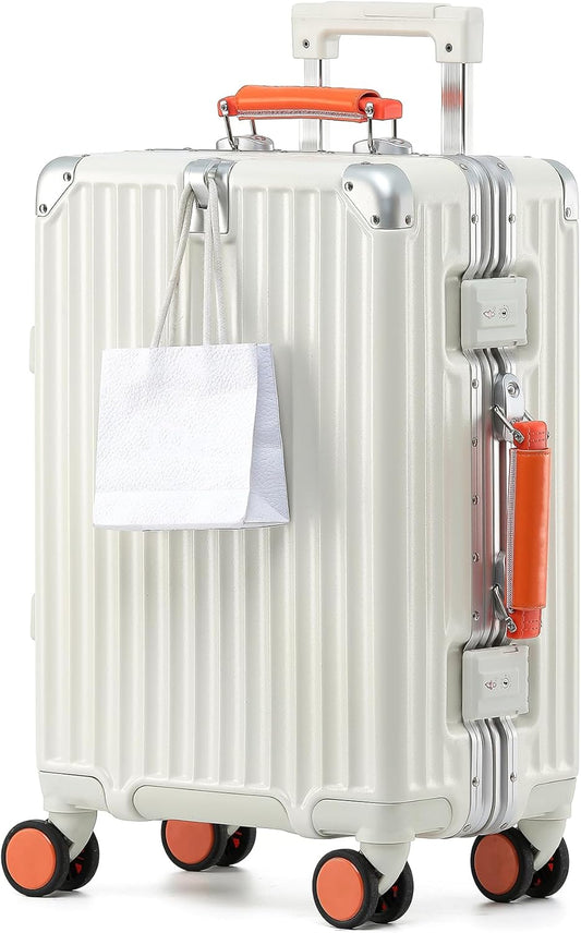 20 Inch Carry On Luggage with Leather Handle, PC Zipperless Suitcase with Spinner Wheels and TSA Locks, 22x14x9 Airline Approved Luggage for Travel, White