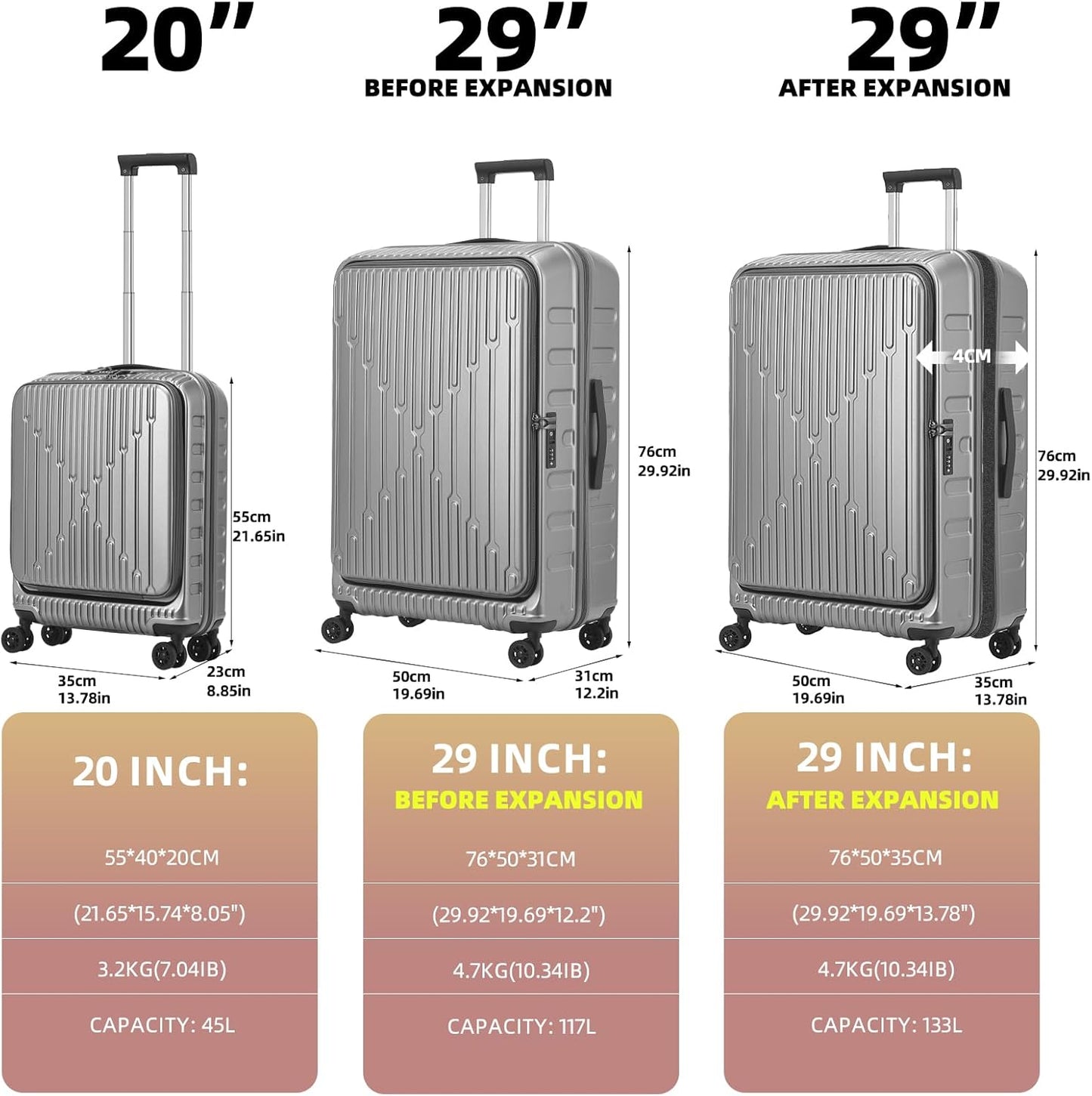 2 Pieces 20/29 Luggage Sets, 20 Inch Cabin Luggage with Front Pocket & 29 Inch Side Opening Suitcase, Ligthweight ABS+PC Hardshell, Gray