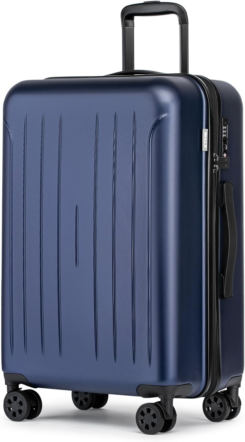 KYME 24-Inch Medium Luggage with Dual 360° Spinner Wheels Hardshell Checked TSA Approved Suitcase for Lightweight Travel (Navy Blue, 24" Checked)