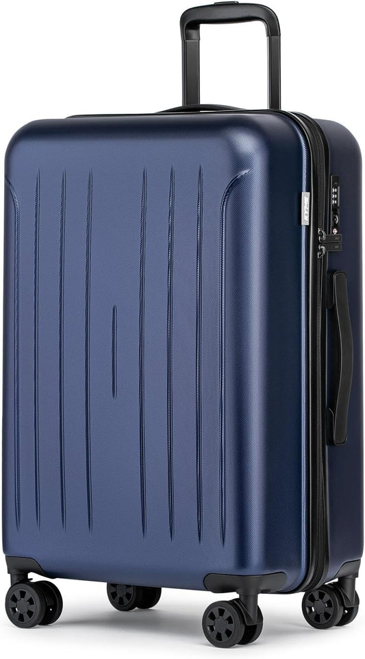 KYME 24-Inch Medium Luggage with Dual 360° Spinner Wheels Hardshell Checked TSA Approved Suitcase for Lightweight Travel (Navy Blue, 24" Checked)