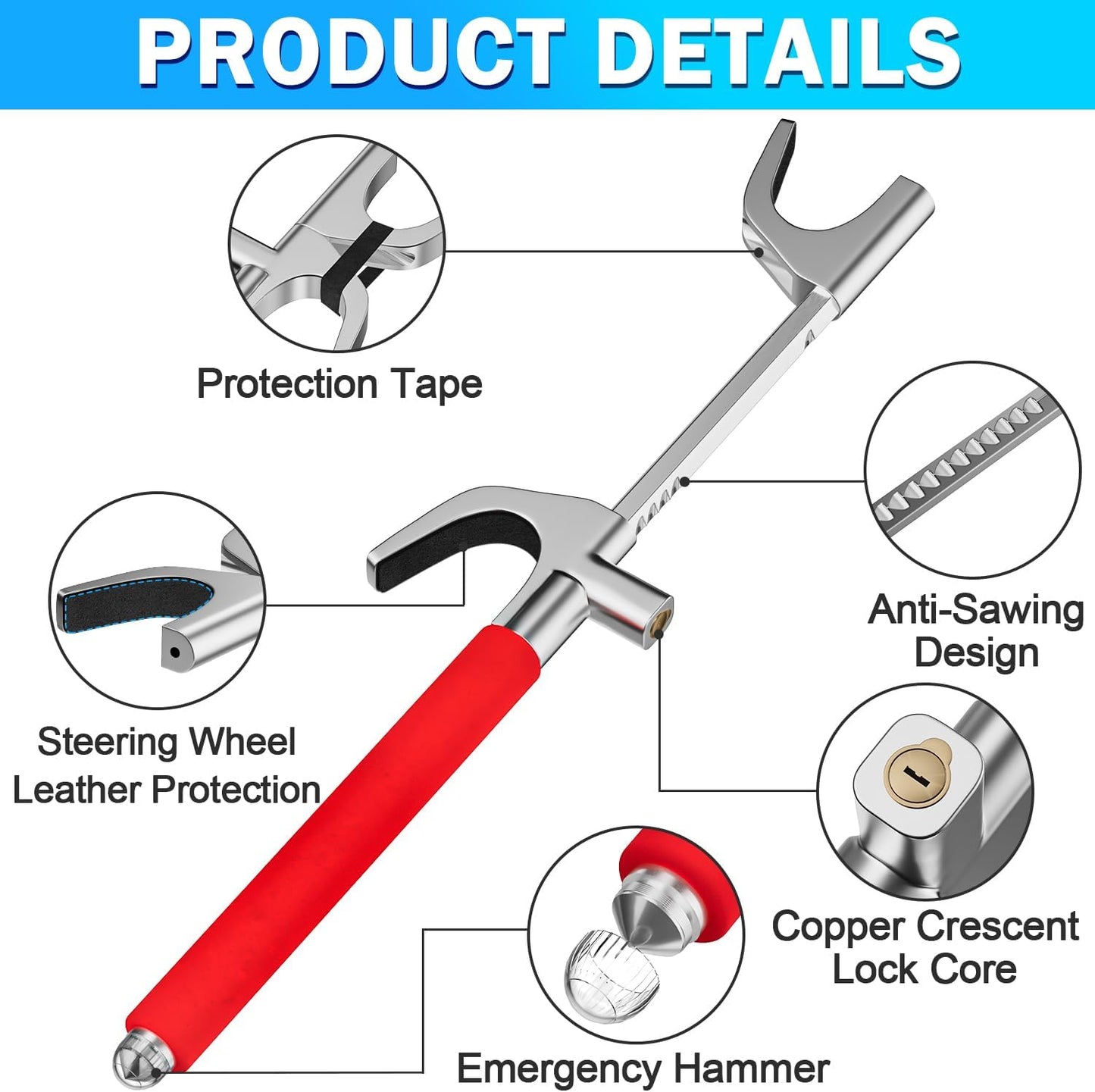 MONOJOY Steering Wheel Lock - Adjustable Antitheft Car Device Locks, Universal Volante Prevention Accessory, with 3 Keys and Escape Hammer for Truck SUV Van Security, Vehicle Immobilizer System