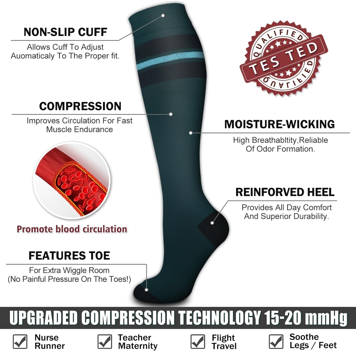 6 Pack Copper Compression Socks for Women and Men Circulation-Best Support for Medical, Running,Nursing,Athletic