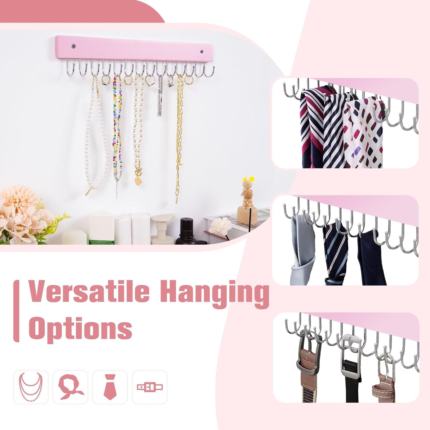 Wall Mounted Necklace Holder, Morden Style Necklace Holder, Tangle Free Wall Jewelry Organizer with 28 Hooks(2 Packs,Pink)