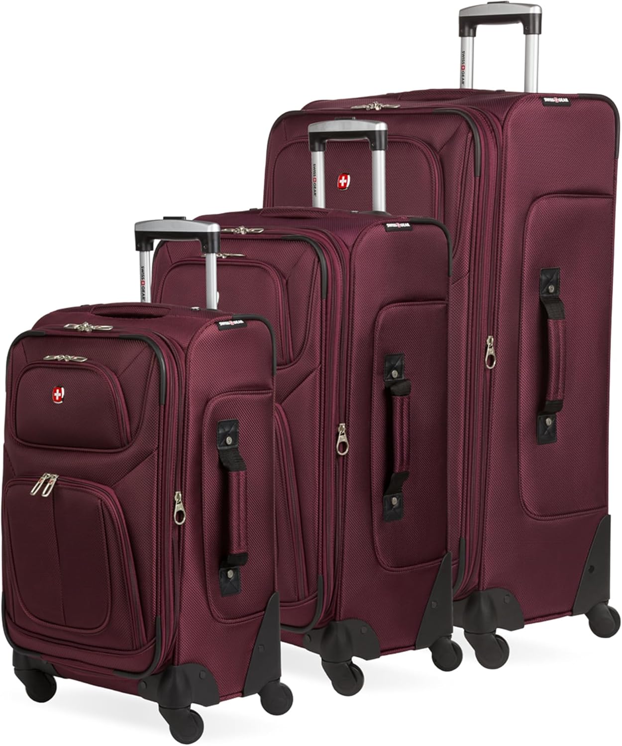 SwissGear Sion 3-Piece Set, Softside Expandable Luggage – 21 Inch Carry-On & 25 & 29 Inch Checked Suitcases with 360 Degree Wheels & Retractable Handles – Merlot