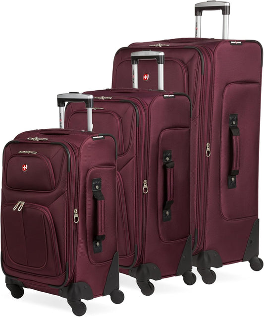 SwissGear Sion 3-Piece Set, Softside Expandable Luggage – 21 Inch Carry-On & 25 & 29 Inch Checked Suitcases with 360 Degree Wheels & Retractable Handles – Merlot