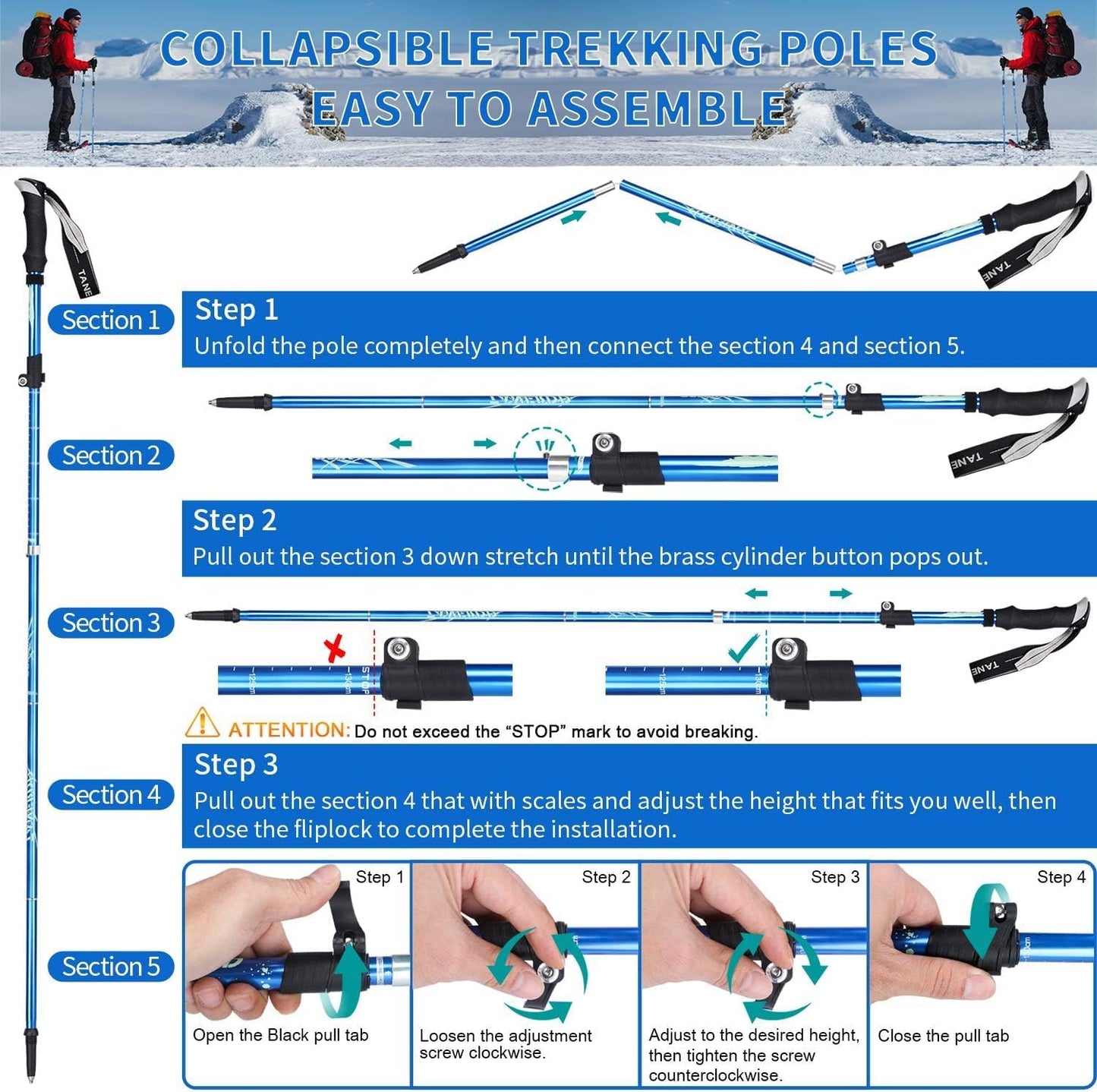 Single Trekking Pole | 7075 Aluminum Anti-Shock, Ultralight, Adjustable & Collapsible Hiking Stick