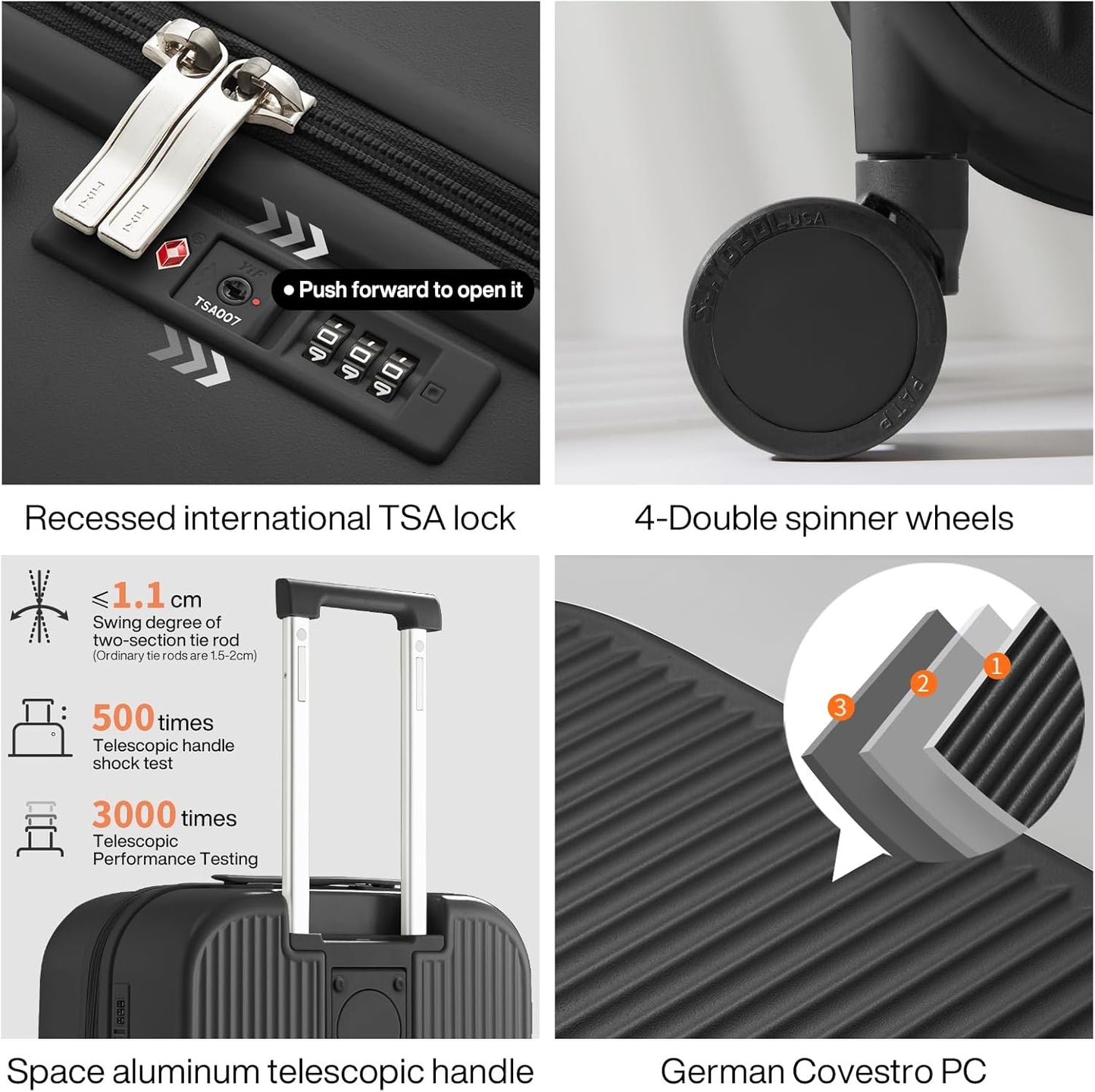 mixi Carry On Luggage with Cup Phone Holder Hard Shell Rolling Travel Suitcases with Spinner Wheels,20 Inch Black