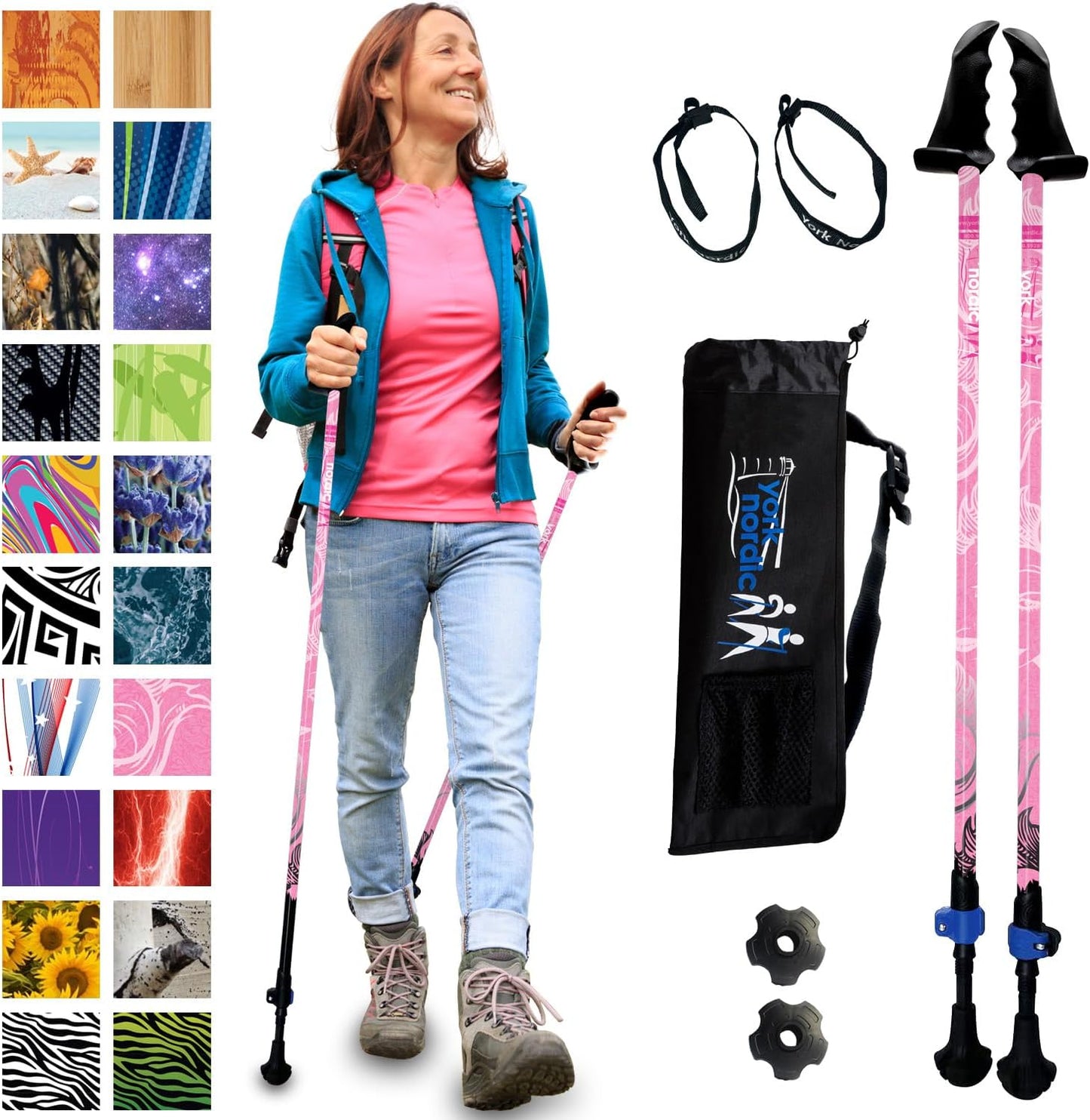 York Nordic Motivator Walking Poles for Balance and Rehab - Patented Stability Grips - Lightweight, Adjustable, and Collapsible - 2 Pieces Adjustable w/flip Locks - Heights 4'6" up to 6'2" - 230 lbs