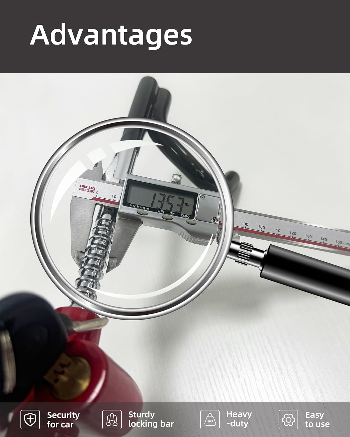 Dodomes Steering Wheel Lock Anti-Theft Heavy Duty Secure Car Device, Adjustable Length Clamp Double Hook Locks Universal Fit Black