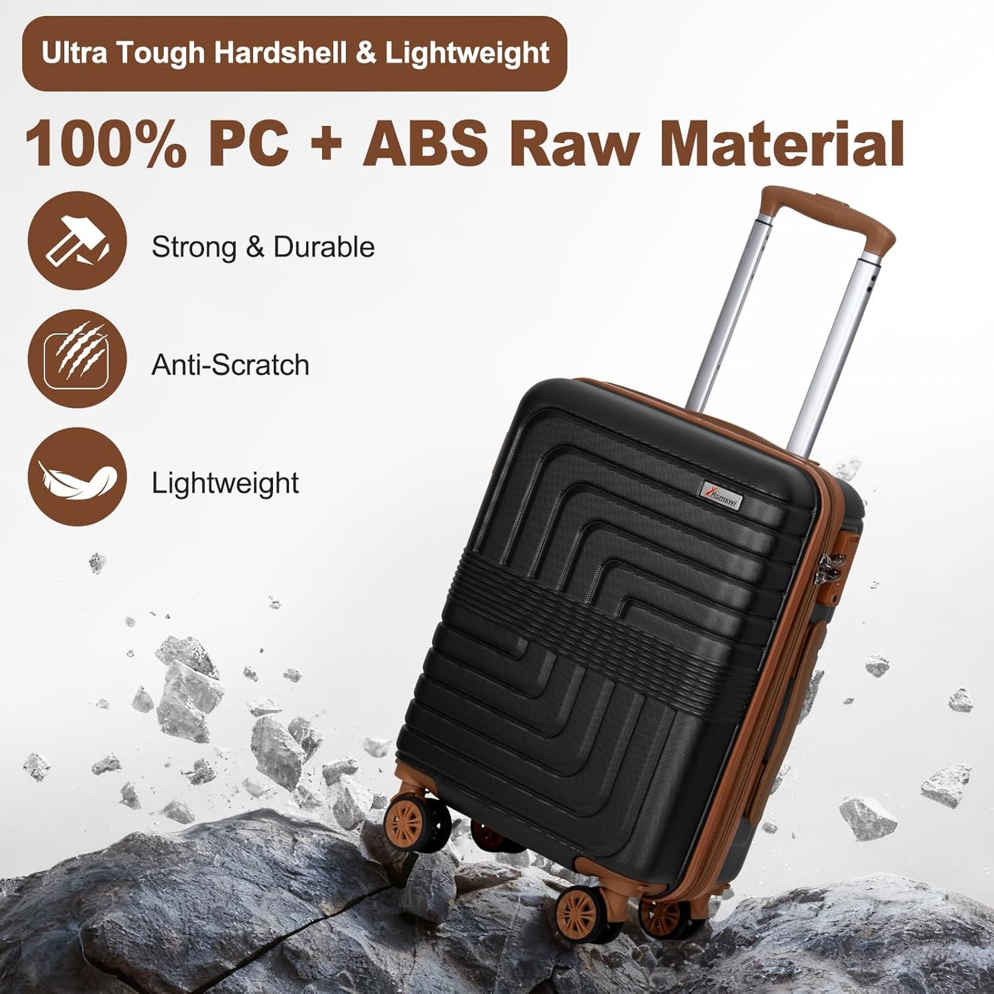 Romswi Expandable 22" Carry On Luggage,Hardshell Suitcase with Double Spinner Wheels for 20% More Space, Airline Approved Lightweight Hardside Luggage, Scratch-Resistant & YKK Zipper,Black