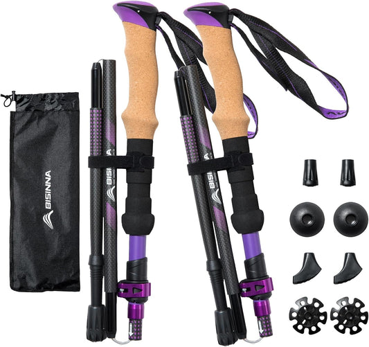 BISINNA Carbon Fiber Trekking Poles Collapsible Hiking Poles Lightweight Walking Sticks with Cork Handle Quick Lock for Women and Men 2pc
