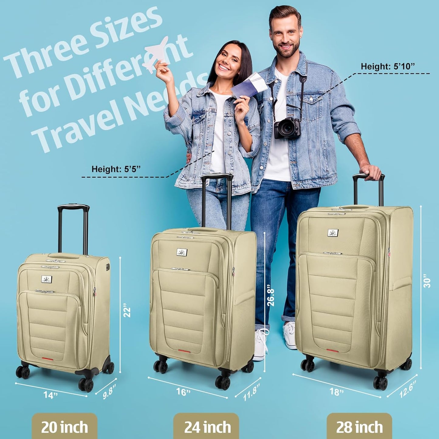 Verdi Luggage Set 3-Piece Suitcase with Spinner Wheel Softside Expandable, Carry On Luggage with USB Port (Khaki, 3-Piece set(20/24/28))