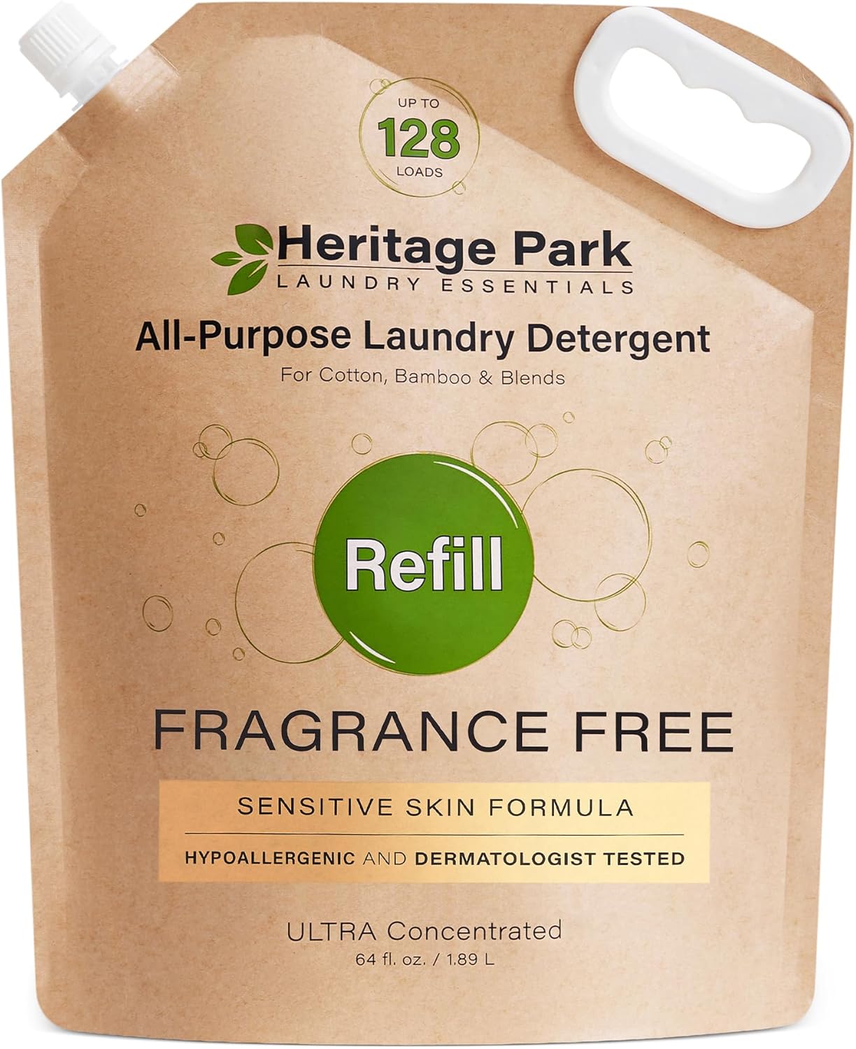 Heritage Park All-Purpose Fragrance Free, Hypoallergenic, pH-Neutral Laundry Detergent - Dermatologist-tested, Sensitive Skin-Friendly, Stain-Fighting Enzymes, 3x Concentrated (64 fl oz Refill Pouch)