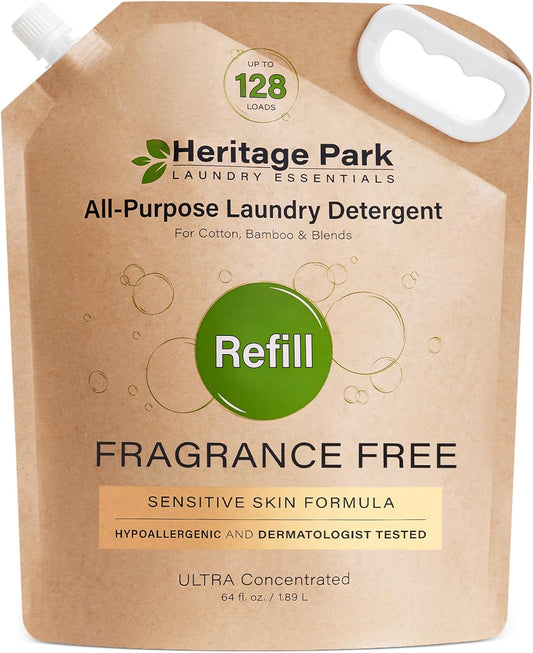 Heritage Park All-Purpose Fragrance Free, Hypoallergenic, pH-Neutral Laundry Detergent - Dermatologist-tested, Sensitive Skin-Friendly, Stain-Fighting Enzymes, 3x Concentrated (64 fl oz Refill Pouch)