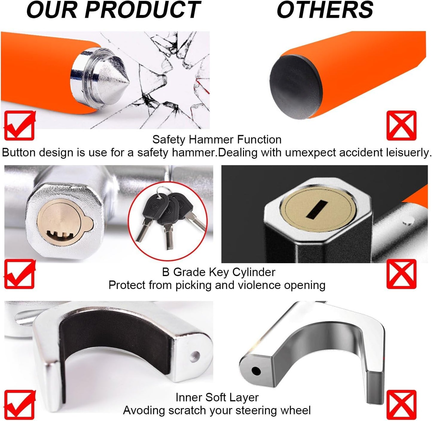 Tevlaphee Steering Wheel Lock, Steering Lock, Car Anti-Theft Device, Adjustable, Universal Fit, Heavy Duty Secure, 3 Keys, Emergency Hammer Window Breaker(Orange)