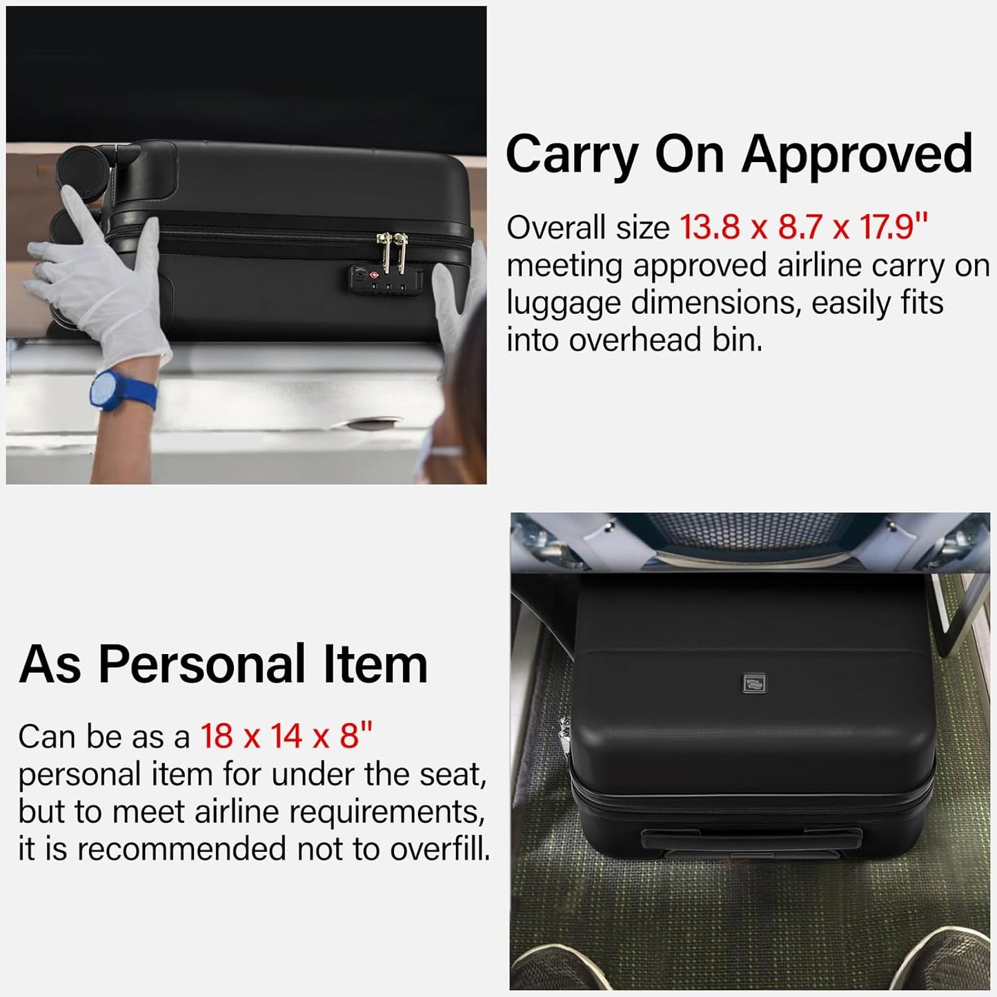 Hanke 16 Inch Underseat Carry On Luggage with Wheels Hard Shell Mini Small Suitcases Carry On Bag for Airline Approved TSA Luggage Lightweight Travel Suitcase(Black)