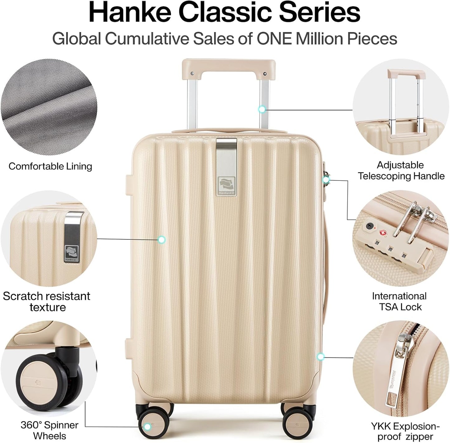 Hanke Luggage Sets 3 piece Carry On Luggage with Wheels PC Hard Shell Suitcases Lightweight Checked Travel Luggage Large Travel Suitcase Woman Men 20/24/29 Inch(Cuba Sand)
