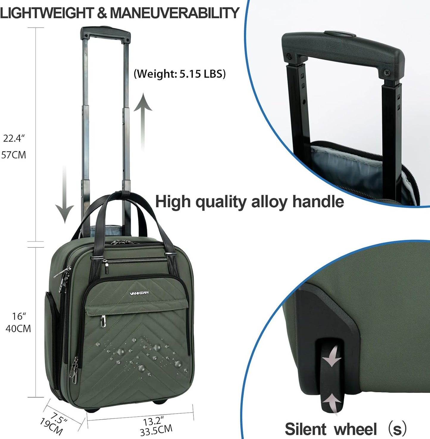 VANKEAN Carry On Underseat 16-inch Multi-functional Underseater Lightweight Overnight Suitcase with Wheels, Roller Case for Men Women Travel Business, Army Green
