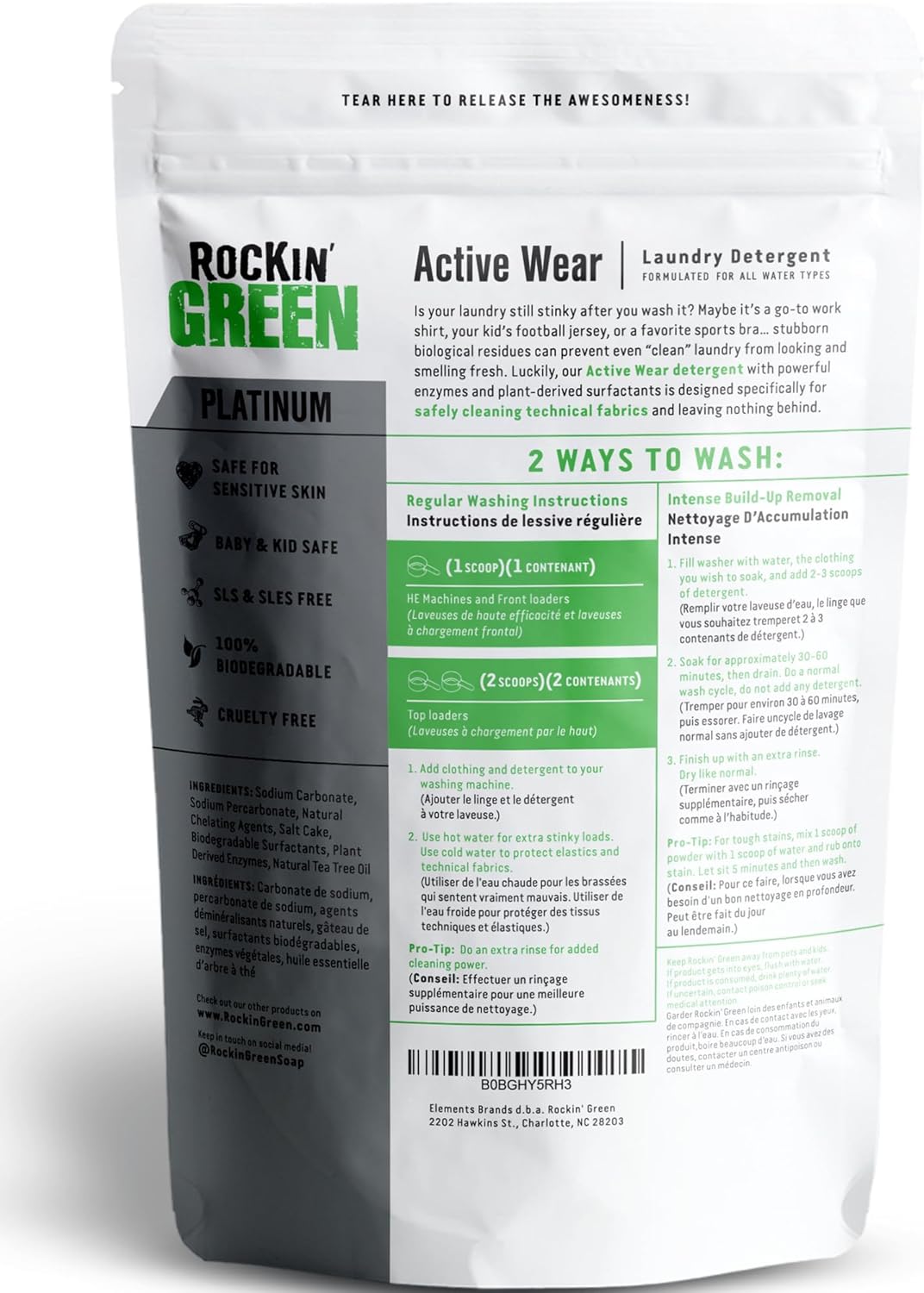 Rockin' Green Laundry Detergent, Plant based, All Natural Laundry Detergent Powder, Vegan and Biodegradable Odor Fighter, Safe for Sensitive Skin (Active Wear 90 Loads - Freshwood Mac)