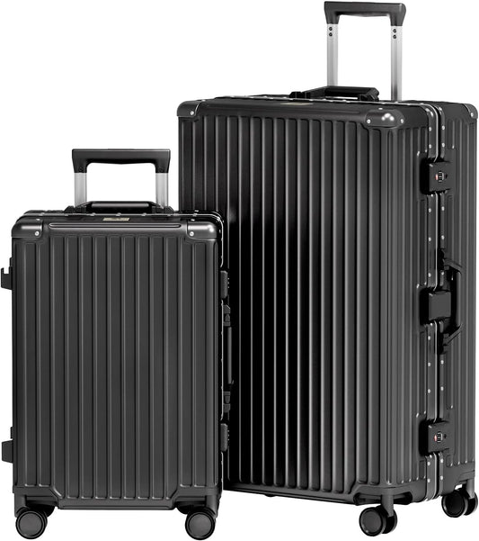 AnyZip Luggage Sets 2 Piece Aluminum Frame Carry On and Checked Suitcase PC ABS Hard Shell TSA Lock No Zipper(Black, 20/28)