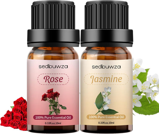 Sedbuwza Rose Jasmine Essential Oil Set, Rose Fragrance Oil Jasmine Scent Oil Set for Diffuser, Aromatherapy, Massage, Soap, Candle Making 2 x 10 ml