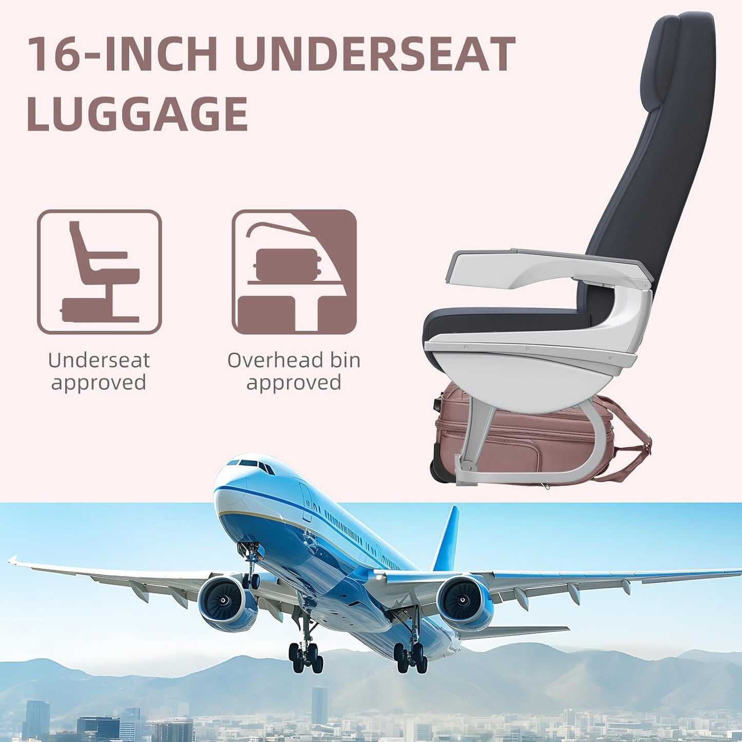 LARVENDER Underseat Carry On Luggage with Wheels Softside 16-inch Underseater Luggage Lightweight Overnight Suitcase for Men Women, Pink, 3 Piece (16/BP/TB)