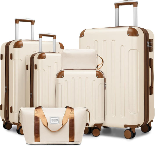 LARVENDER Luggage Sets 6 Piece Suitcases with Wheels, Expandable Suitcase Set ABS Hard Shell Luggage for Women with TSA Lock Double Spinner Wheels (White Brown, 6 Piece Set)