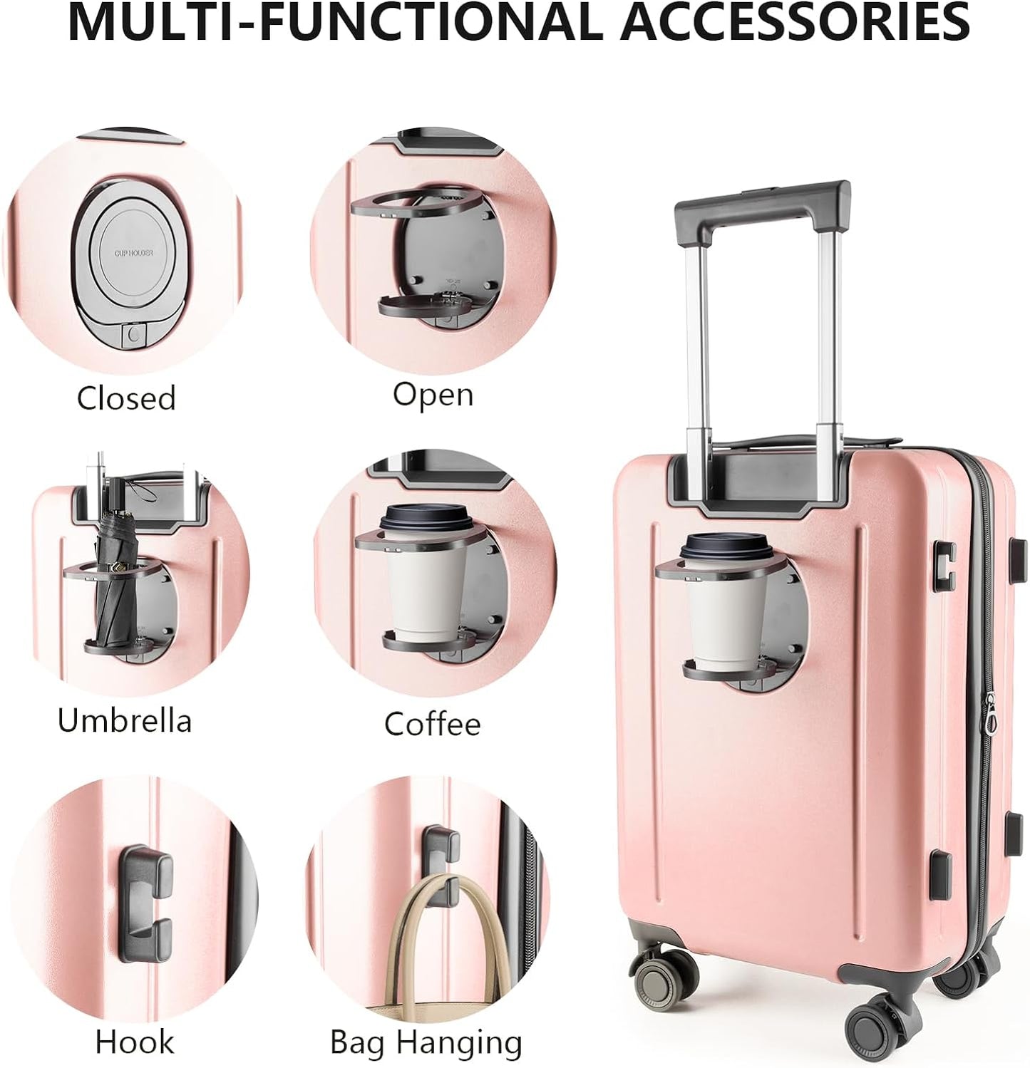 19-Inch Hardshell Carry-On Luggage with Front Compartment, 360-Degree Spinner Wheels, TSA Lock, Cup Holder & Bag Hook - Airline Approved Business Travel Suitcase (pink)