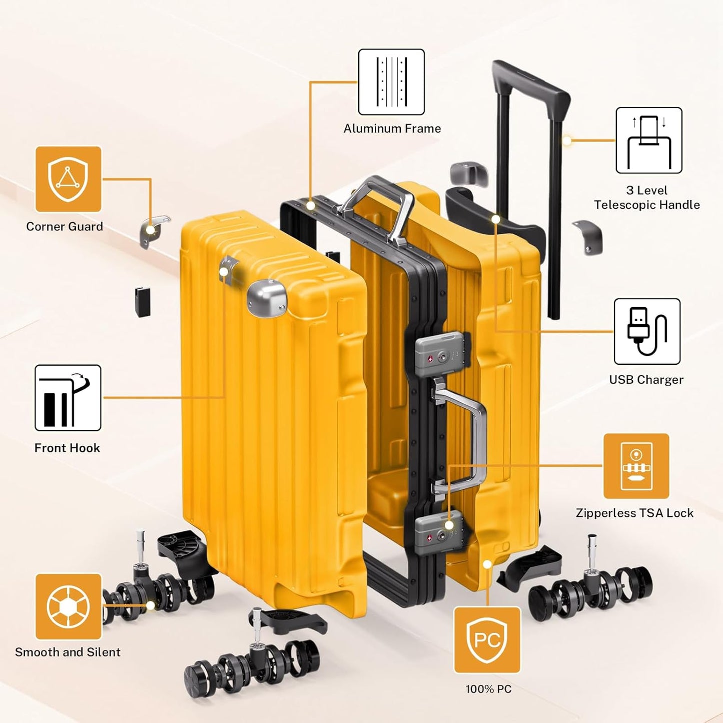 Krute Checked Aluminum Frame Suitcase 24 Inch Zipperless Luggages Hardside PC Luggage With Spinner Wheels TSA Lock USB Charger Suitcases(1 Piece)