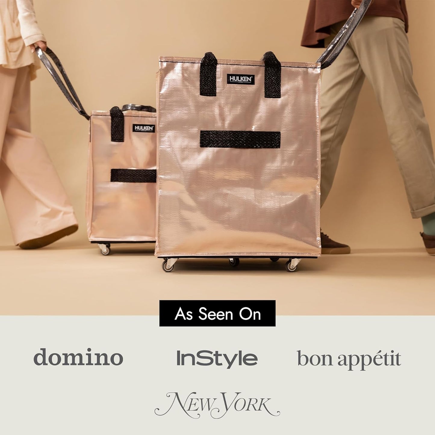 (Large, Rose Gold) Reusable Grocery Bag On Wheels, Shopping Trolley, Rolling Tote, Zipper Closure, Lightweight, Carries Up to 66 lb, Folds Flat, Unbreakable Handles