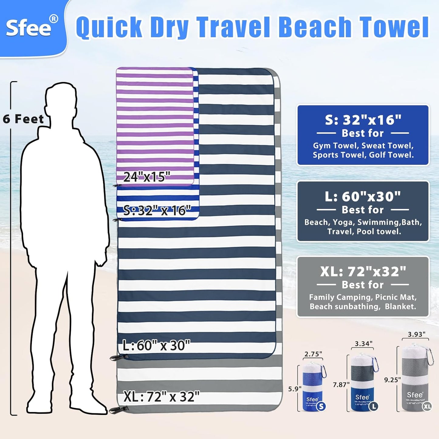 Sfee 2 in 1 Microfiber Oversized Beach Towel, Quick Dry Towel Travel Towel Camping Towel Super Absorbent Compact Lightweight Sports Gym Towels for Beach,Gym, Hiking, Pool, Backpacking, Bath, Yoga