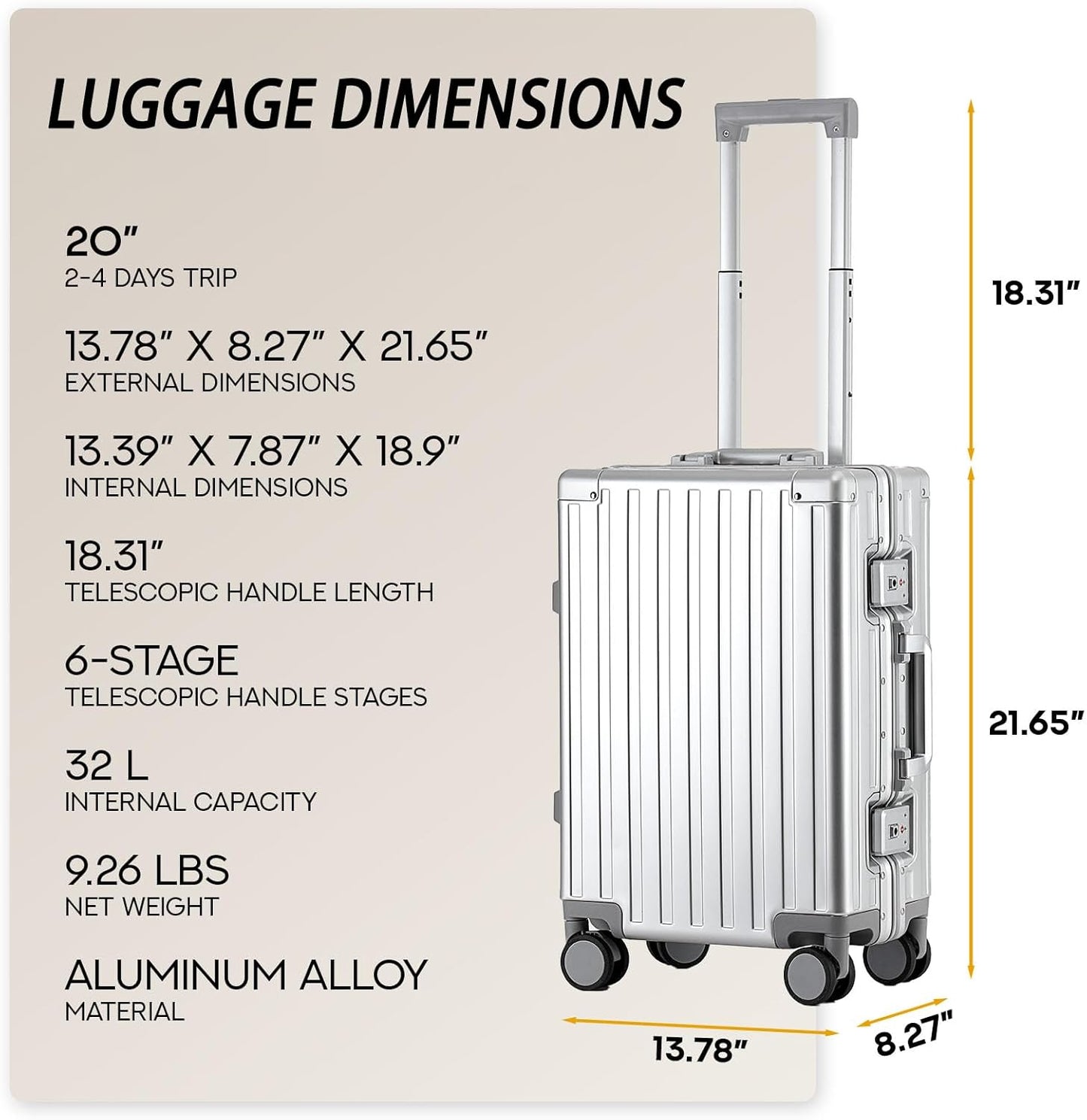 20 Inch All Aluminum Carry On Luggage 22x14x9 Airline Approved with Spinner Wheels,Hard Shell Zipperless Lightweight Small Suitcase with TSA Approved for Travel Business Women Men,Silver