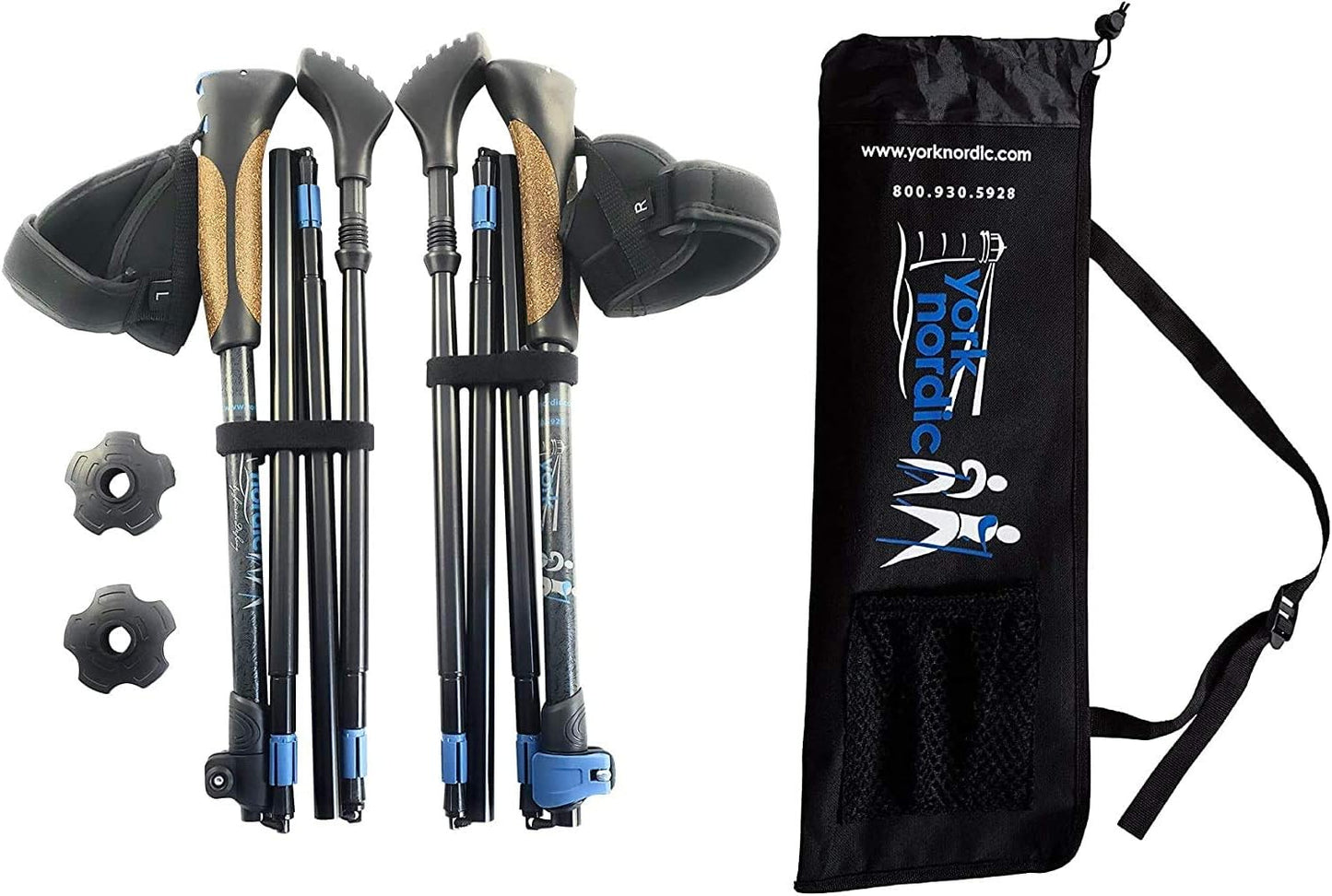 York Nordic Ultralight Folding Walking Poles - Travel Ready - with Rubber Feet, Baskets, and Bag