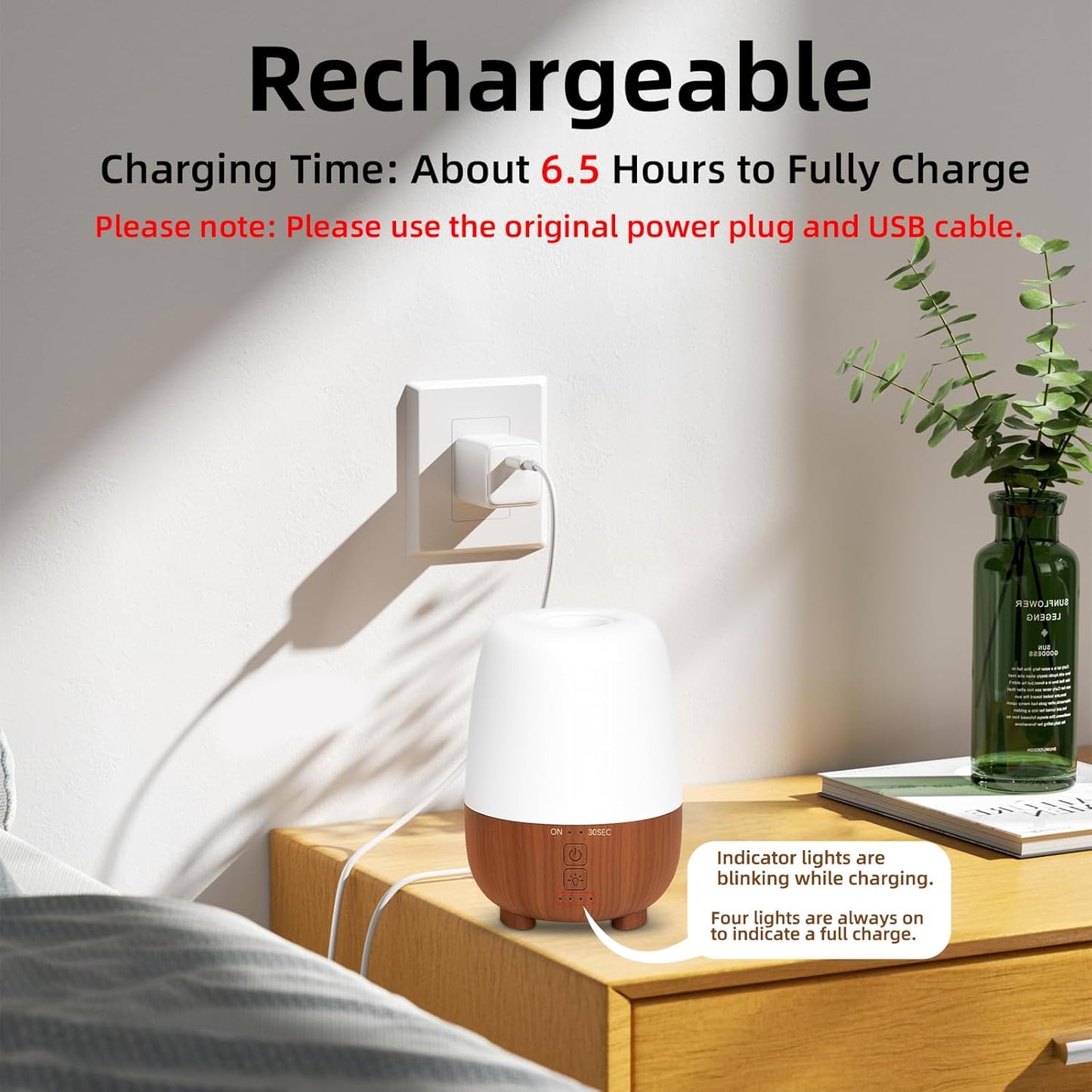 Rechargeable Battery Essential Oil Diffuser 150ML, Portable Cordless Aromatherapy Diffuser, 7-Color LED Light, 7 Hours Run Time, Quiet Design, Safe Auto Shut-Off, for Office, Home, Outdoor