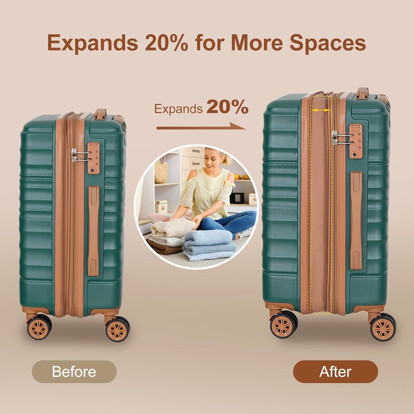 Romswi Expandable 28" Checked Luggage,Large Hardshell Suitcase with Double Spinner Wheels for 20% More Space, Airline Approved Lightweight Hardside Luggage, Scratch-Resistant & YKK Zipper,Green