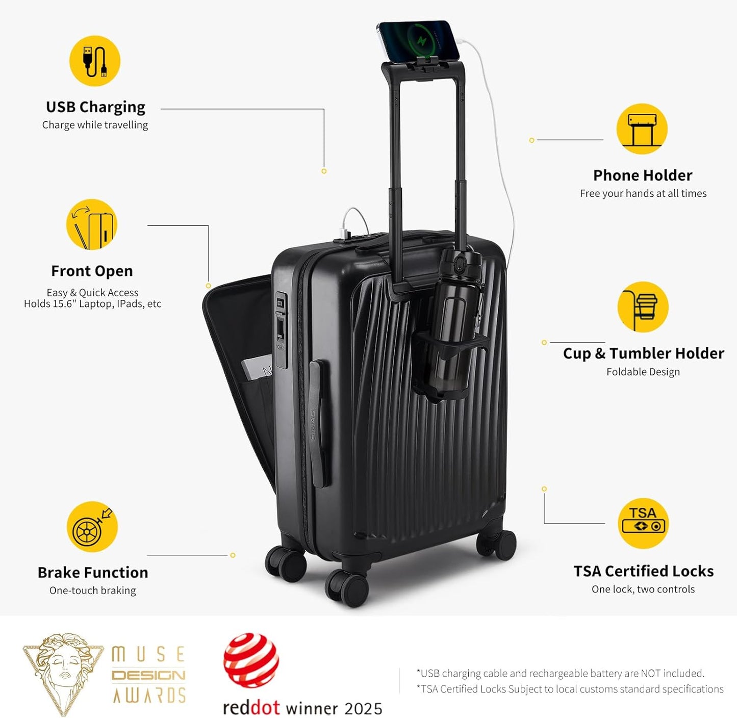 OIWAS 20 Inch Carry On Luggage, Front Pocket Carryon Suitcase with Phone Holder & Cup Holder, Airline Approved Hardshell Luggage with Double TSA Lock, USB Port, One-Click Brake, Black