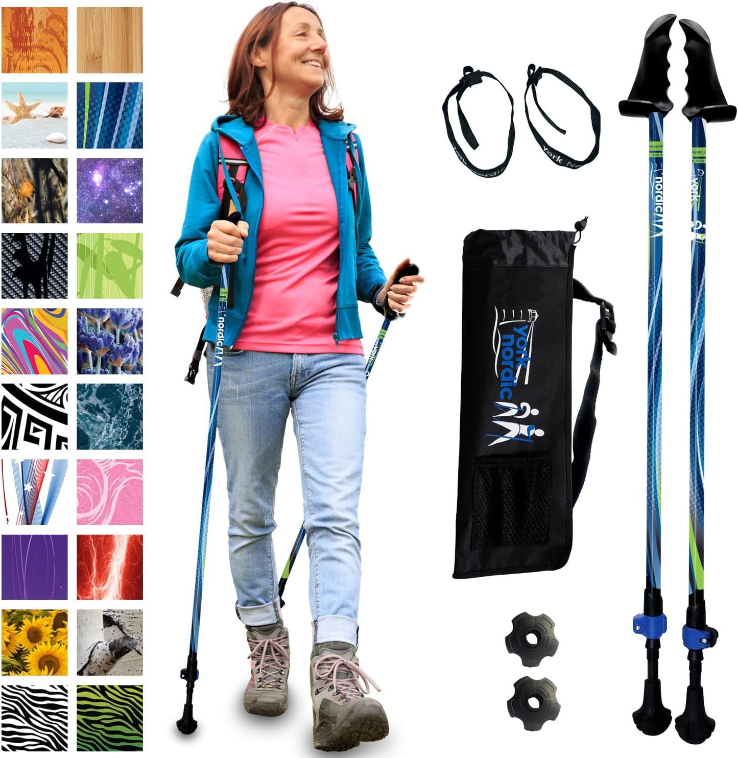 York Nordic Motivator Walking Poles for Balance and Rehab - Patented Stability Grips - Lightweight, Adjustable, and Collapsible - 2 Pieces Adjustable w/flip Locks - Heights 4'6" up to 6'2" - 230 lbs