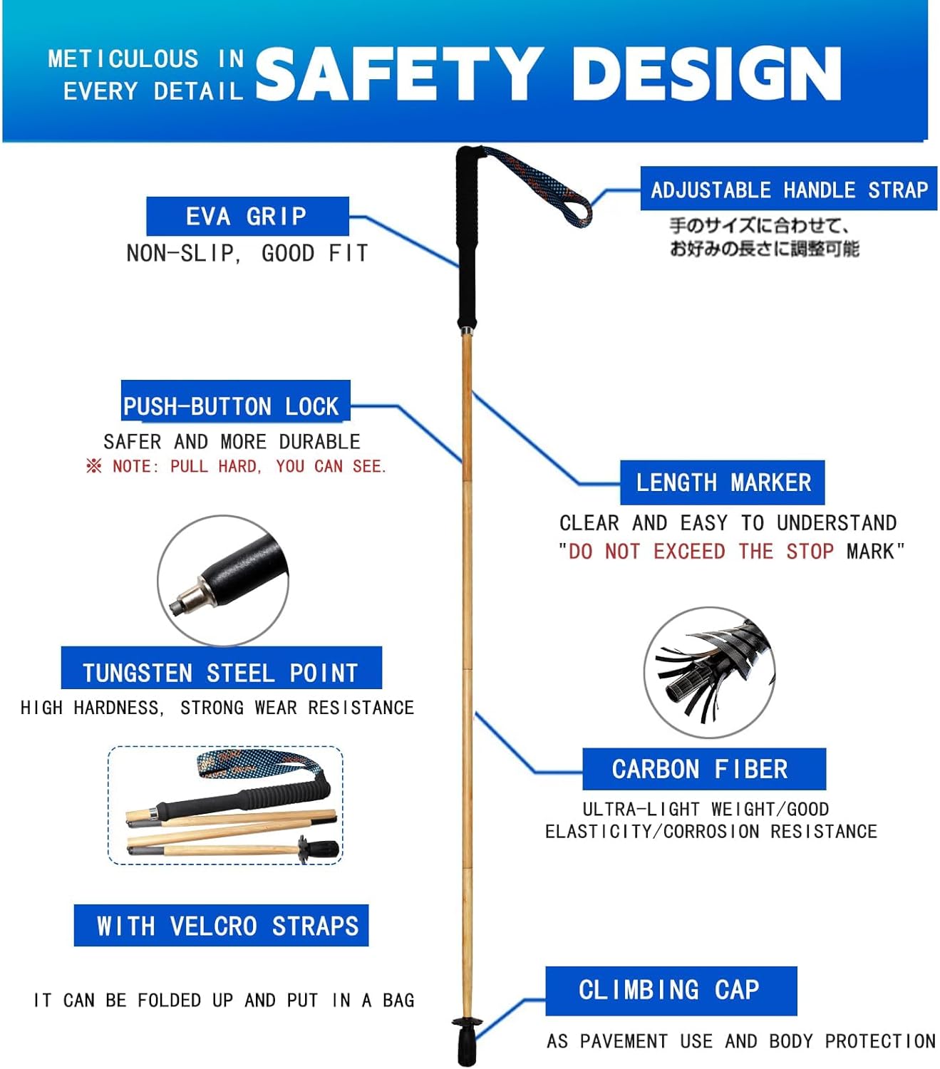 Carbon Fiber Trekking Poles 2-Pack - Ultra Lightweight 10oz, Collapsible 3-Piece Folding Design with Anti-Shock, Moisture-Wicking Cork Grips for Hiking, Mountaineering