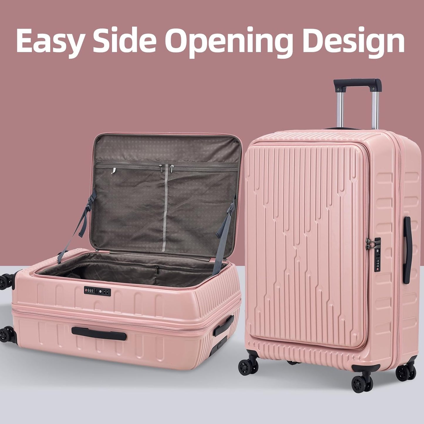 29 Inch Luggage with Expansion & Side Opening Design, 50 * 31(35)*76cm, 117L~133L Ligthweight ABS+PC Hardshell Checked Suitcase, TSA Lock & YKK Zipper with HINOMOTO 360° Wheels, Pink