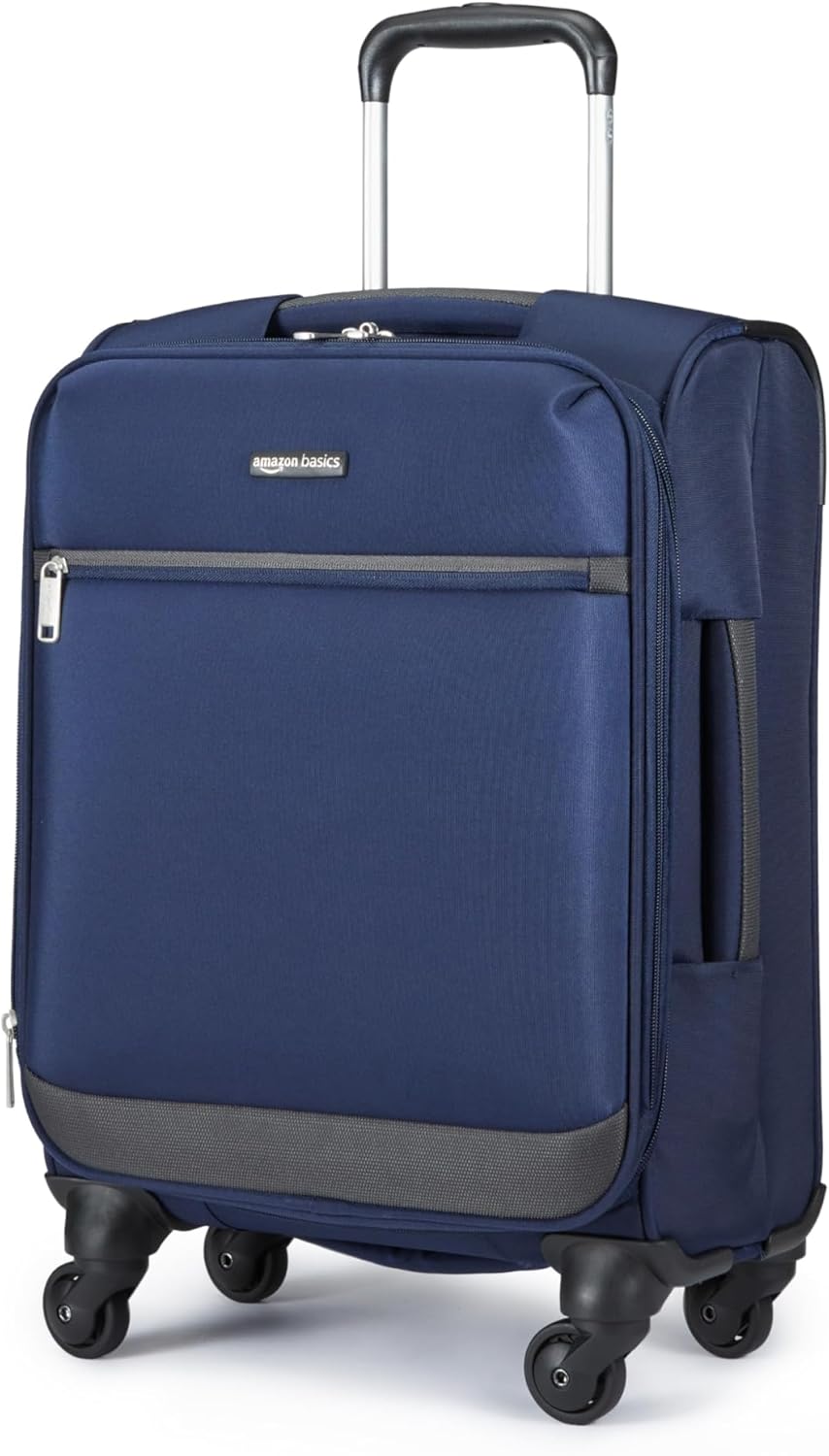 Amazon Basics Luggage, 18"Medium Carry-On Softside Suitcase With Wheels With Four 360-Degree Multi-directional Spinner Wheels Expandable Space Zippered Pocket and Straps Telescopic Handle Navy Blue
