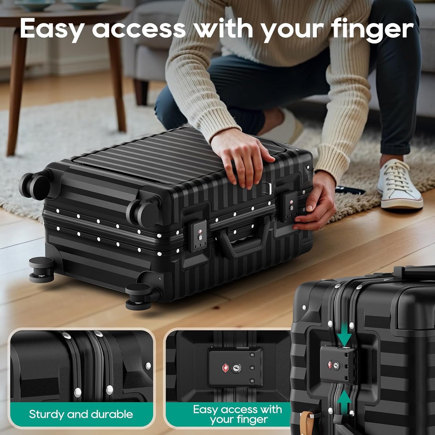 Joyway 20 Inch Carry on Luggage with Aluminium Frame and Front Pocket, PC Hardshell Suitcase with USB Port and Cup Holder, 21.5x14.2x9 Airline Approved, Luggage with Spinner Wheels and TSA Lock(Black)