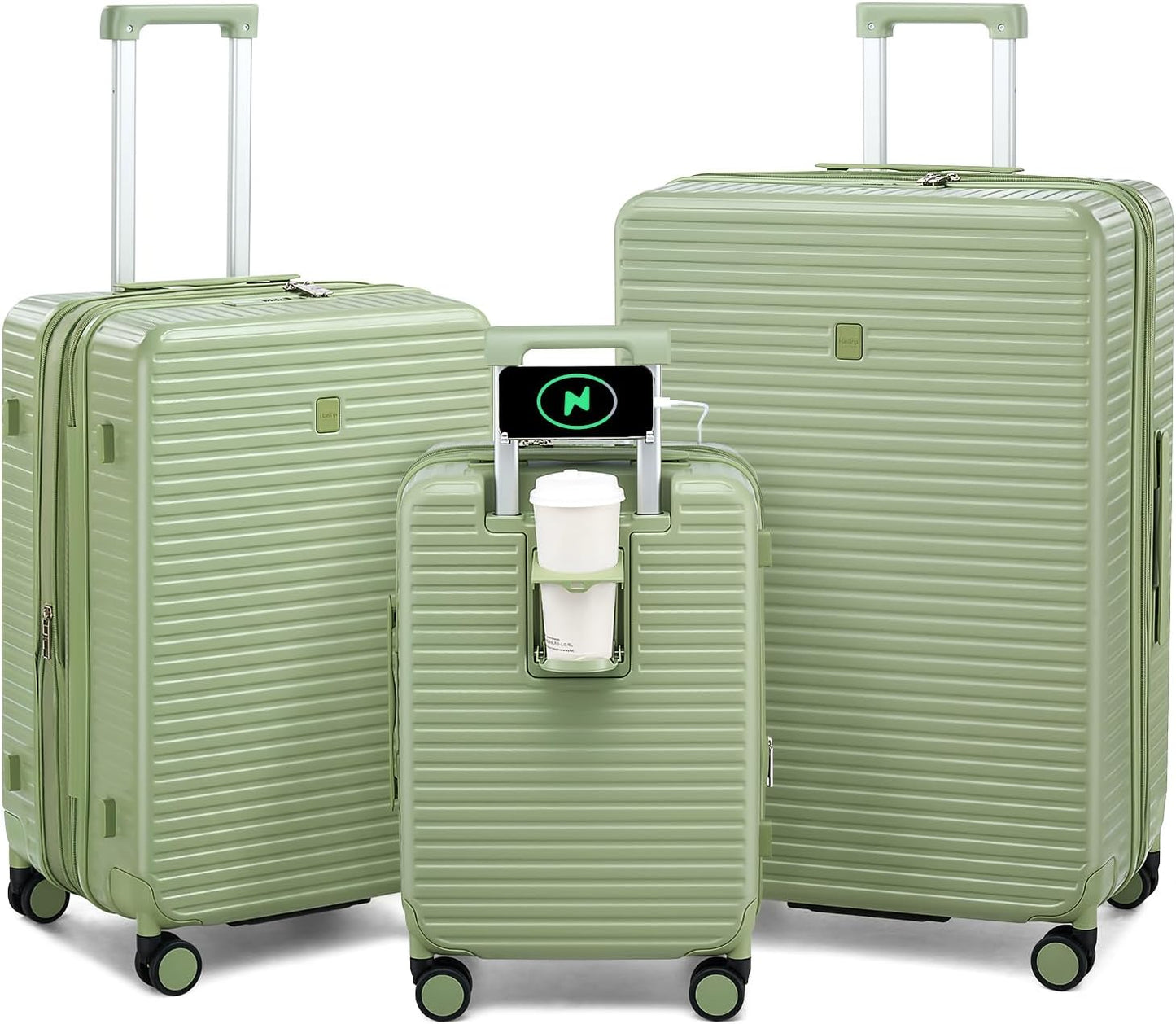 Hard Shell Suitcases Expandable Travel Luggage Sets 3 Piece, Carry on and Check in 3 Piece Luggage Suitcase Sets with Spinner Wheels Cup Holder Charger Built in (Bamboo Green, 20/24/28)