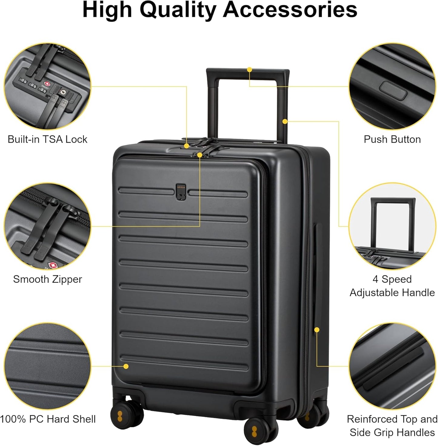 LEVEL8 Carry On Luggage with Compartment, 20 Inch Lightweight Hard Shell Rolling Suitcase with Wheels Airline Approved with Front Pocket, Double Tsa Locks, Grey