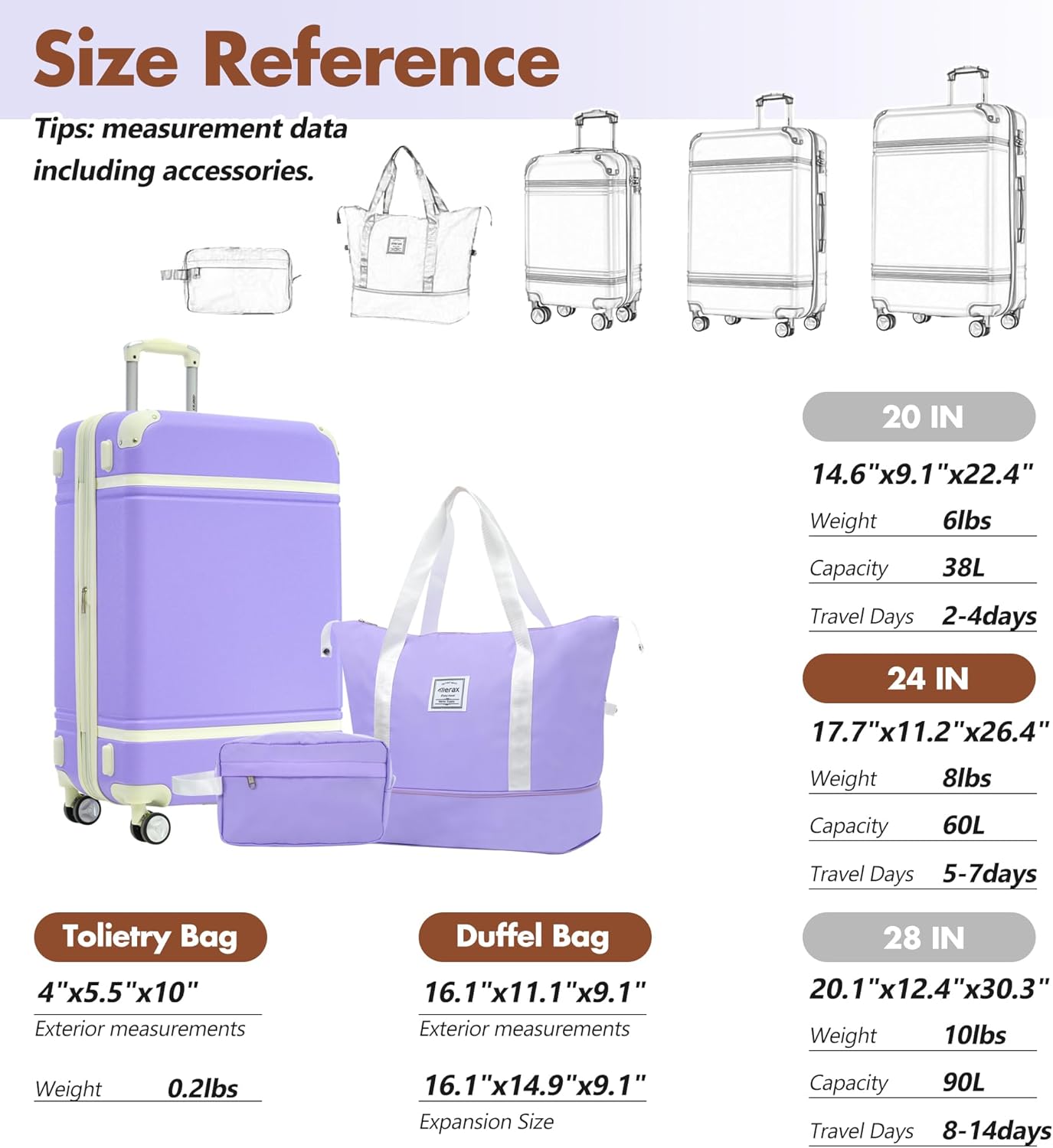 Merax Suitcase Set 24 inches Expandable Luggage with TSA Lock Spinner Wheels Hardshell Lightweight Vintage Luggage with Travel Bag,Purple