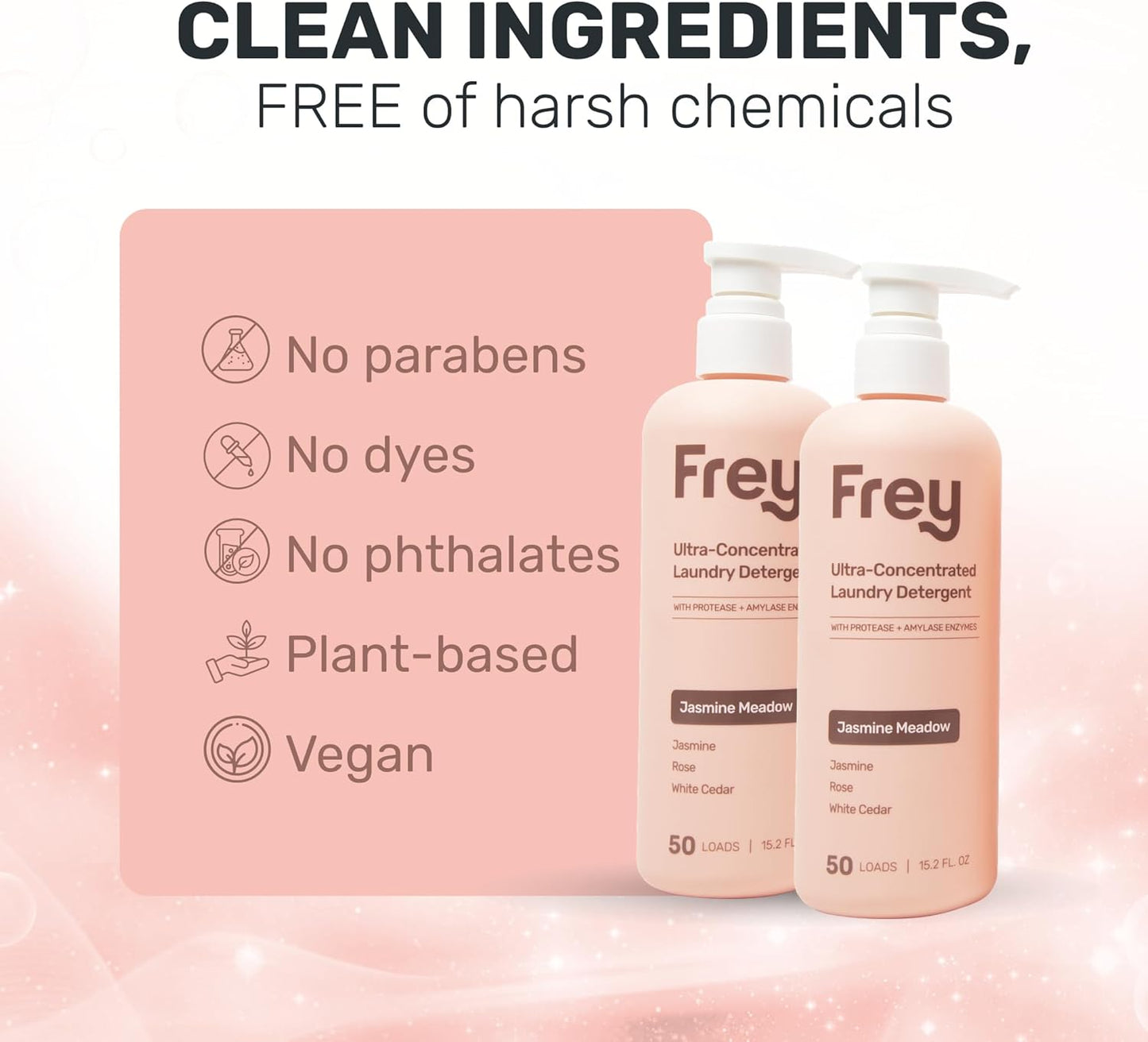 FREY Concentrated Liquid Laundry Detergent | Formulated for Sensitive Skin & HE Washers | Removes Stains Effectively | 50 Loads per Bottle (2-pack Jasmine Meadow)