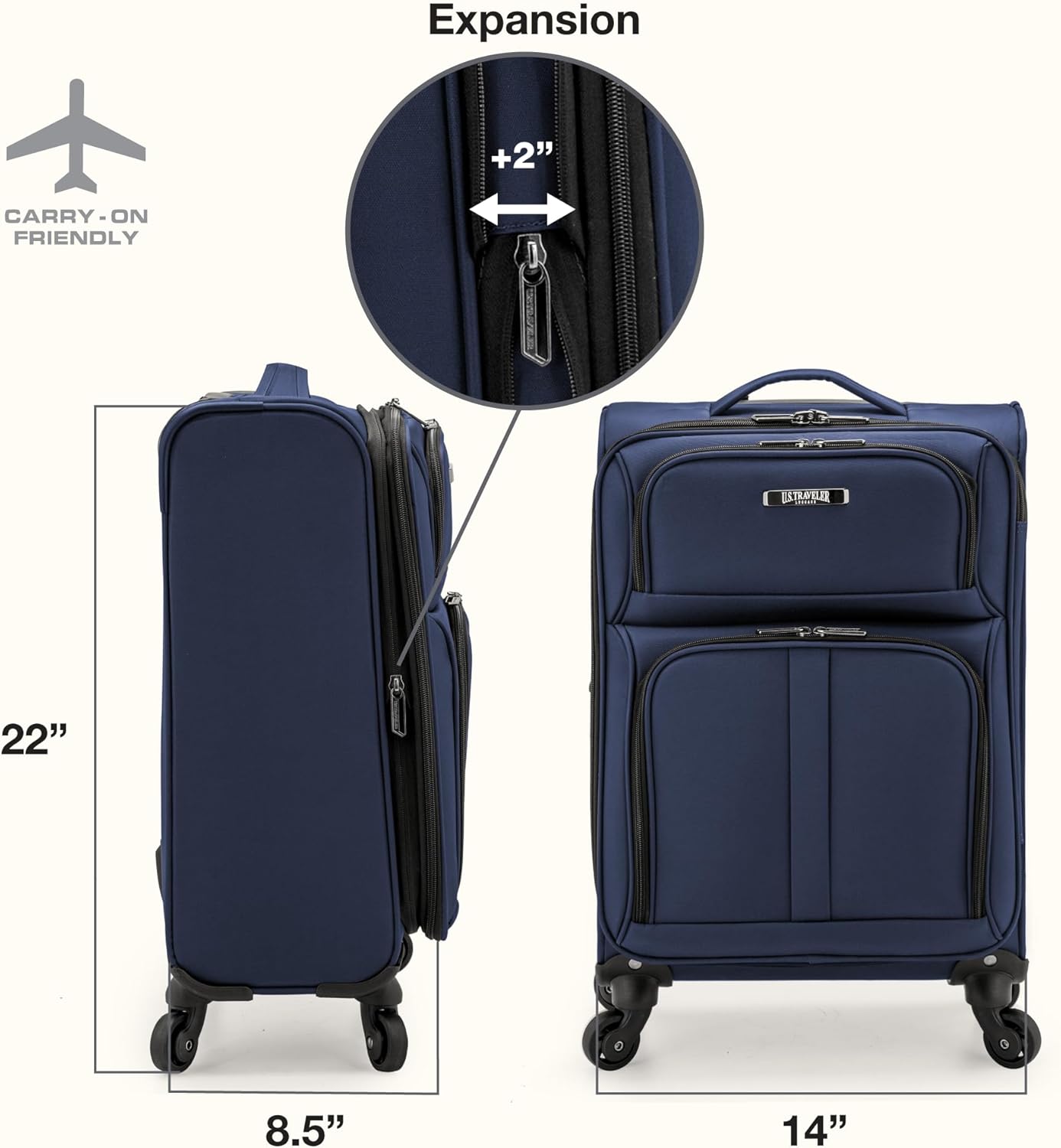 U.S. Traveler Anzio Softside Sturdy Ballistic Nylon Expandable Travel Suitcase Luggage with 4 Spinner Wheels, Navy, Carry-on 22-Inch